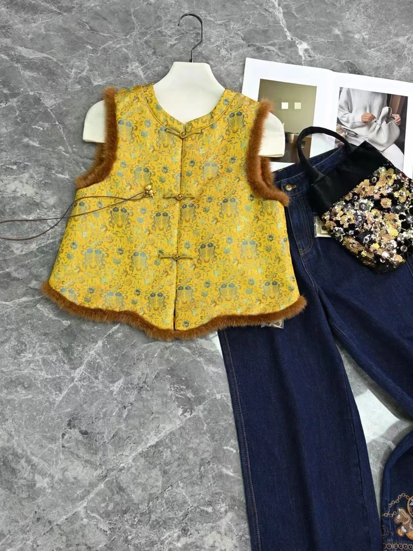 Momo新宋锦拼貂毛夹棉马甲气质高级新中式国风马甲