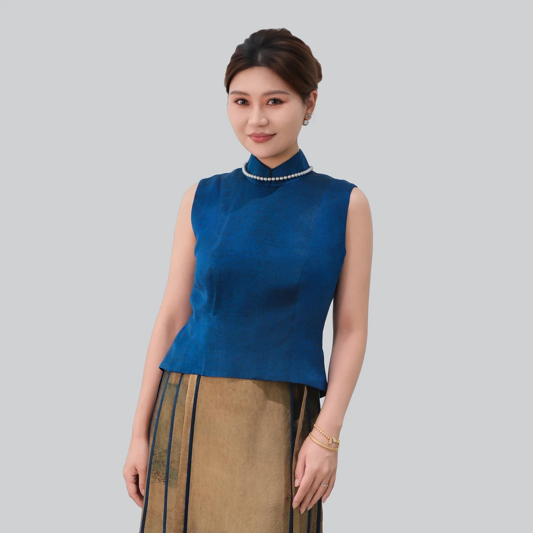 香云故里·【静水】湖蓝素平缎香云纱立领马甲马夹上衣XB25-G08021