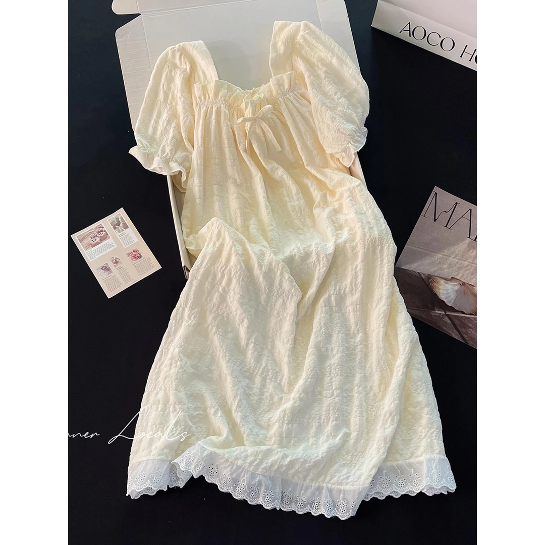 法式睡衣女新款夏季纯棉杏色ins蝴蝶结蕾丝短袖睡裙中长款家居服