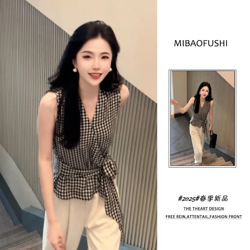夏季时尚穿搭一整套2025新款慵懒风格子无袖衬衫百搭阔腿裤两件套