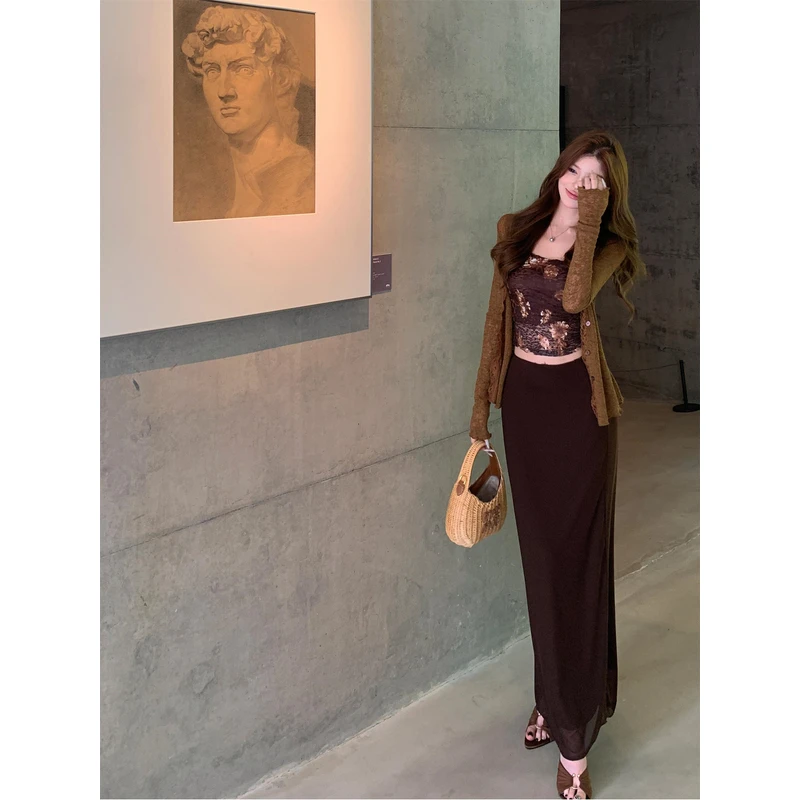 法式复古薄款防晒针织小开衫+双层纱半身裙+印花吊带背心套装女秋