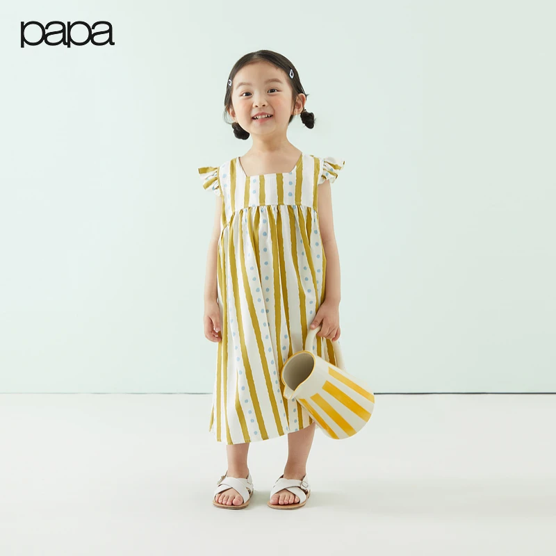 papa爬爬女条纹碎花夏季连衣裙女童洋气夏款