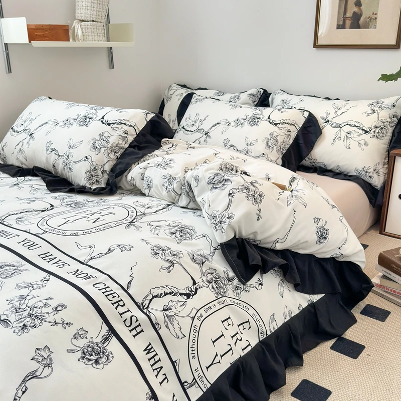 赫本风黑白花边水洗棉四件套 高级复古小碎花床上用品