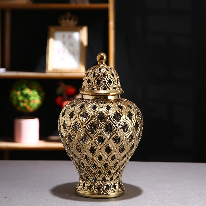 欧式简约陶瓷白色镂空将军罐家居客厅上档次摆设收纳储物罐摆件