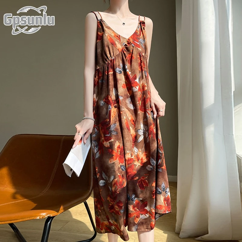 gpsunlu夏季新款薄款长裙女士宽松显瘦印花双吊夏季显瘦吊带长裙