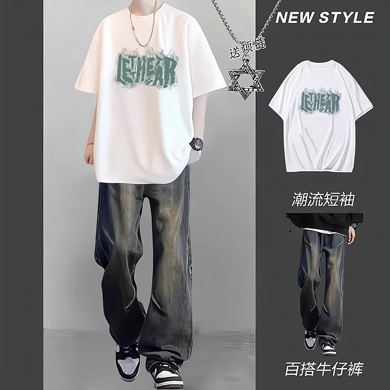 夏季运动休闲套装宽松美式短袖复古t恤男痞帅男装一整套穿搭帅气