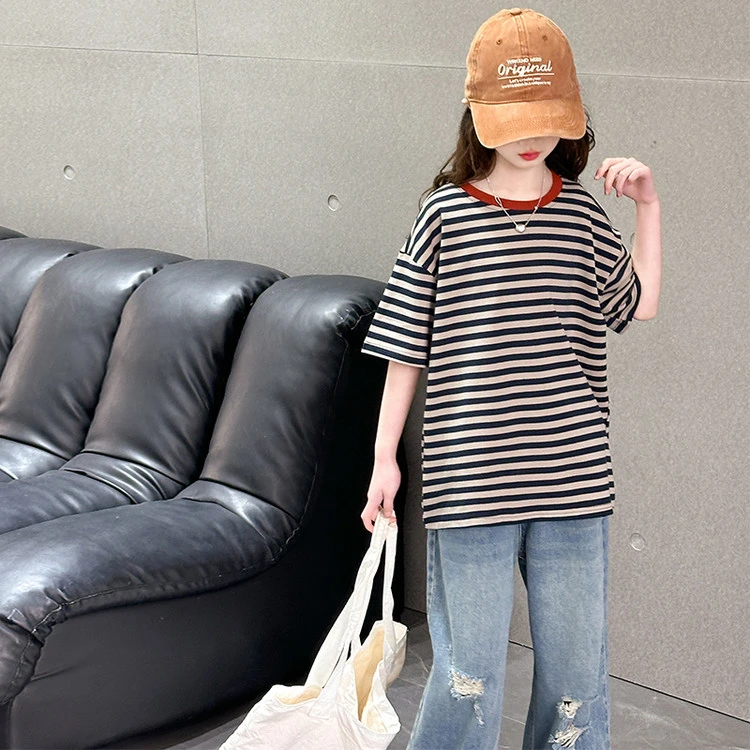 女童短袖套装2025新款时尚条纹T恤牛仔裤两件套中大童儿童夏装薄t