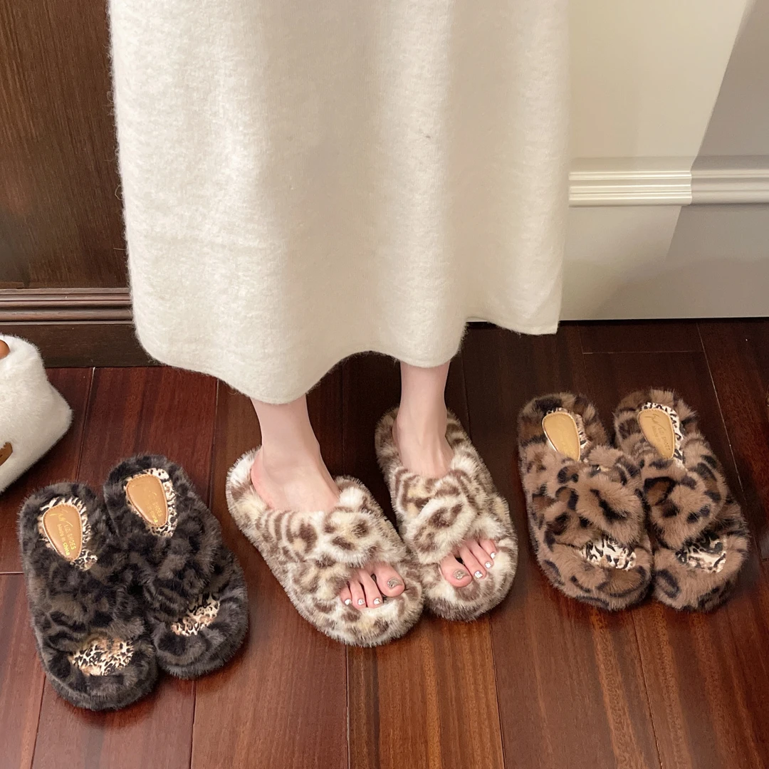 【SJ】2025时尚新款韩版室内百搭网红豹纹毛绒平底防滑毛毛拖鞋加绒