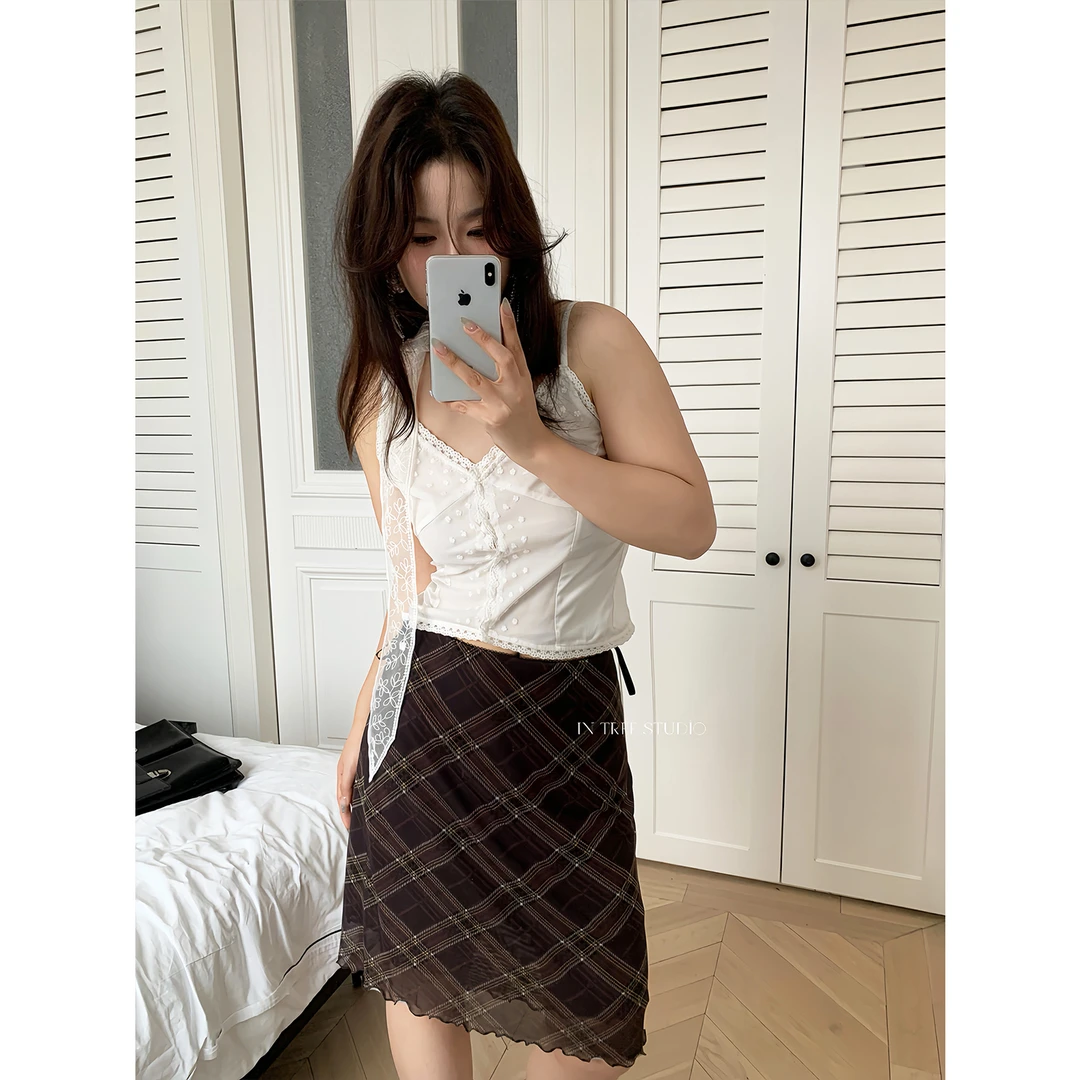 In Tree张桶桶【春日古巴】菱格纹弹力半身裙棕色气质短裙ZXD01747
