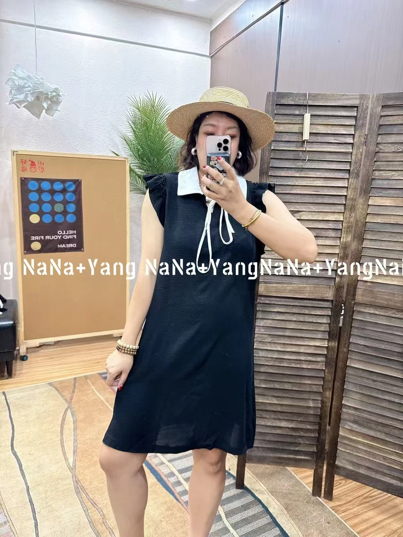 【扇扇风解锁夏日清凉穿搭】时尚显瘦彼得方领小飞袖黑色夏季连衣裙