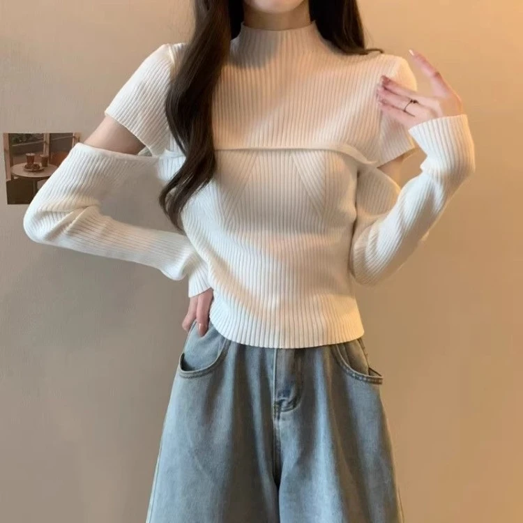 设计感半断长袖针织衫女秋冬季新款半高领修身内搭打底衫薄款毛衣