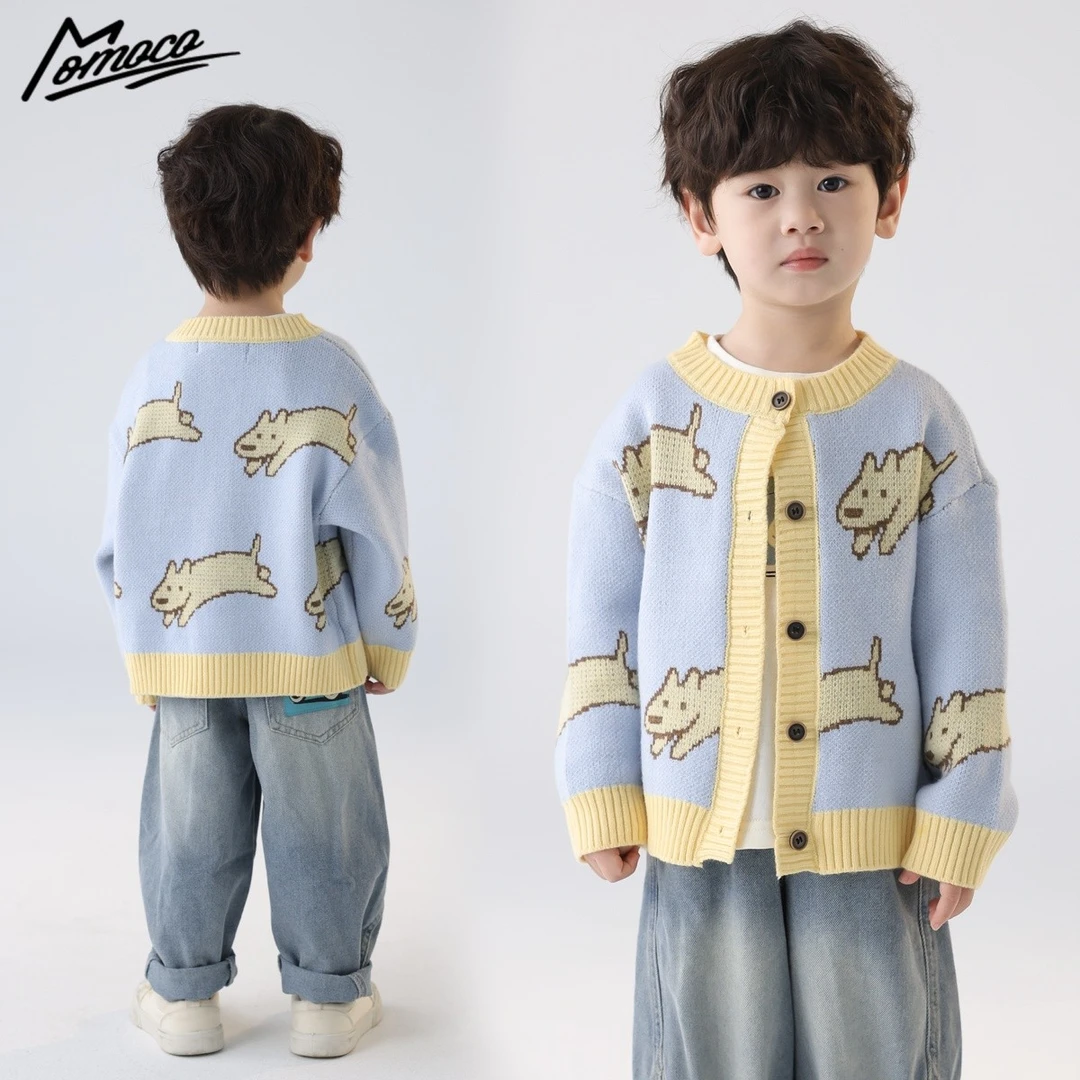MOMOCO2025款秋季新款男童针织撞色线条小狗毛衣开衫77330112002