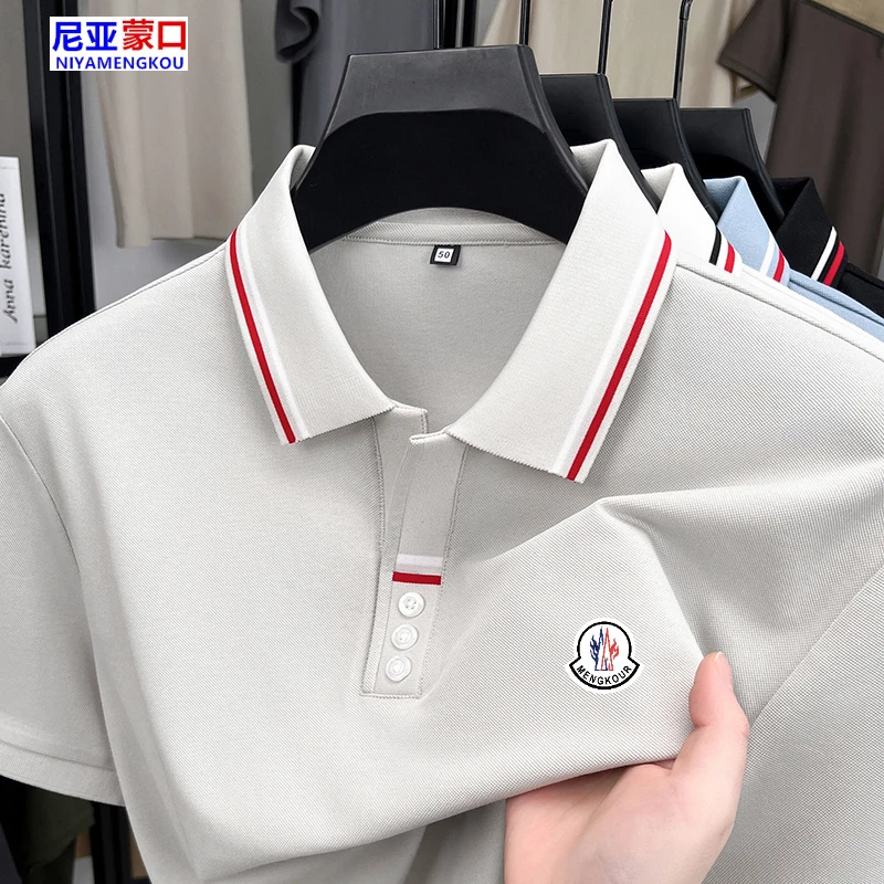 奥莱撤柜尼亚蒙口徽标款白色桑蚕丝翻领POLO衫男夏季休闲短袖男款