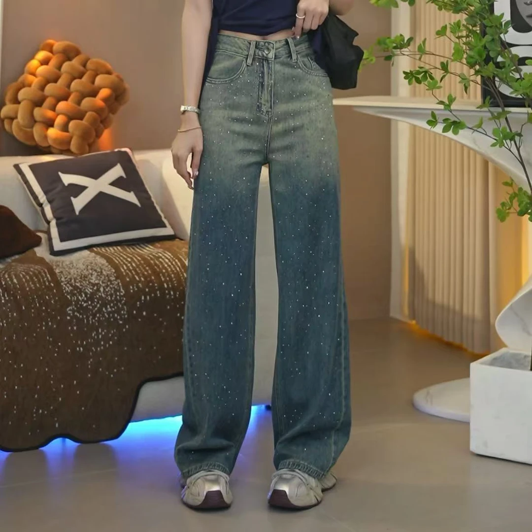 笑歌【烫钻设计渐变色显瘦百搭水洗直筒牛仔裤】中高腰显瘦百搭