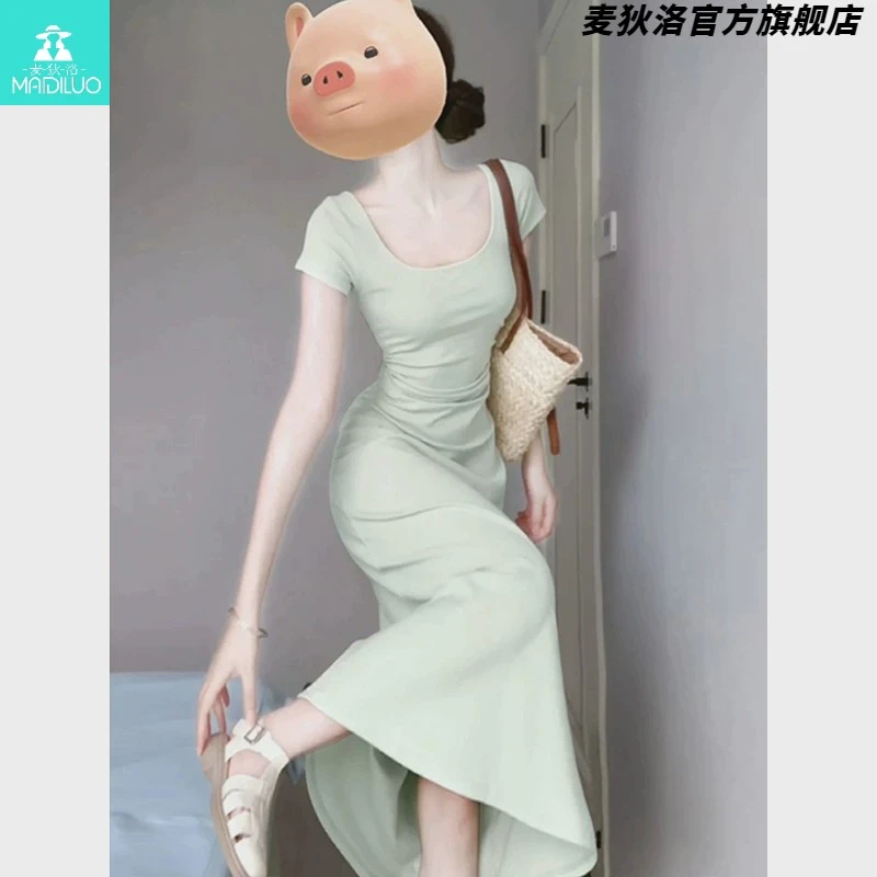 绿色收腰连衣裙小妈修身包臀裙微胖型长裙御姐风情万种裙子女夏