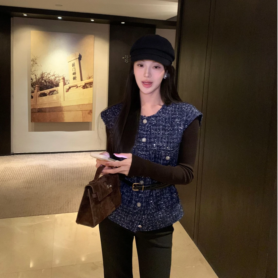 JINY | “卢浮蓝织" 秋冬银丝亮片定制小香风无袖马甲女 MAW27383
