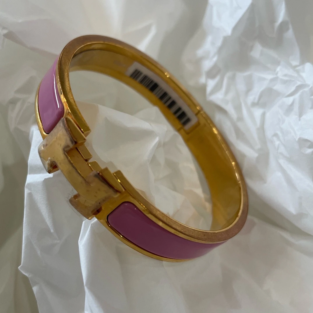 99新 Hermes/爱马仕 爱马仕H手镯，粉色珐琅配金边