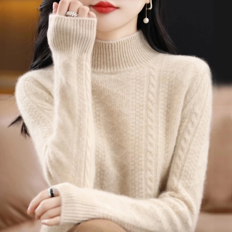 【重磅加厚】100%纯羊毛衫女高领套头加厚毛衣新款提花针织打底7018