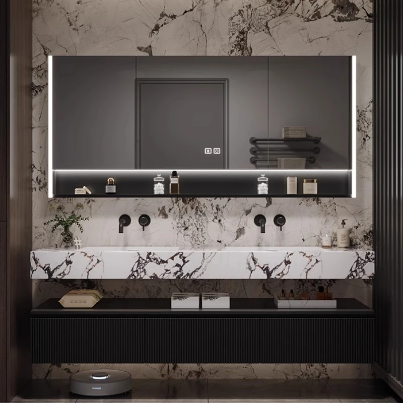 岩板无缝一体橡木浴室柜卫生间洗手盆组合双盆洗漱台酒店风