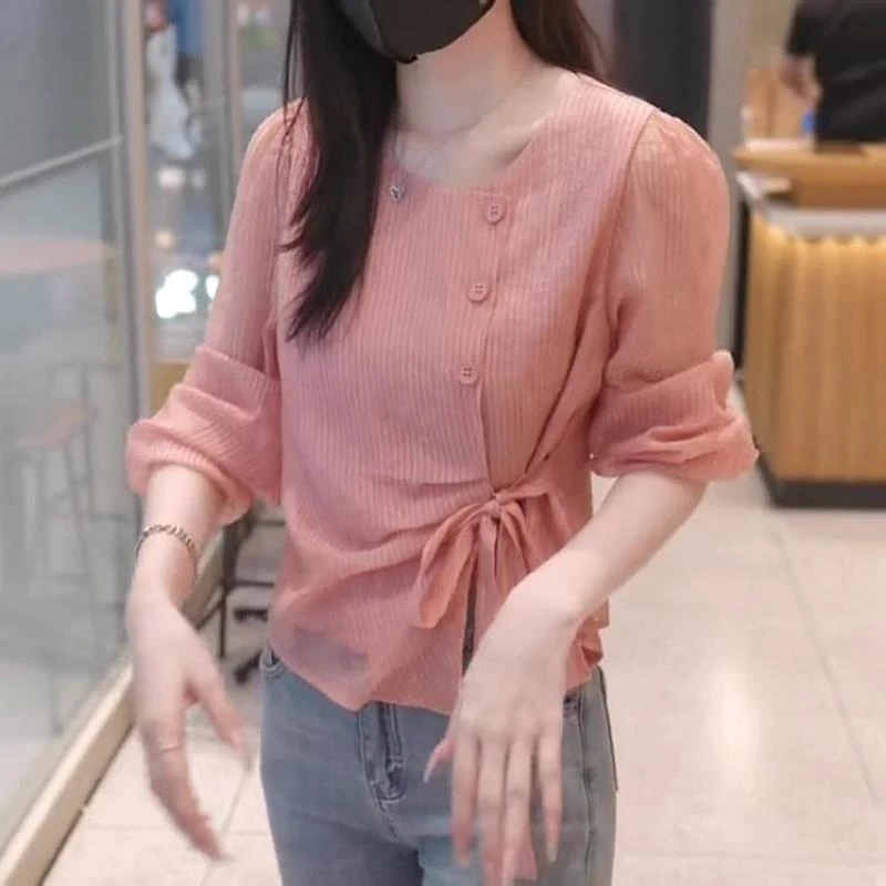 大码早秋法式条纹长袖衬衫女装2024年新款雪纺衬衣设计感收腰上衣