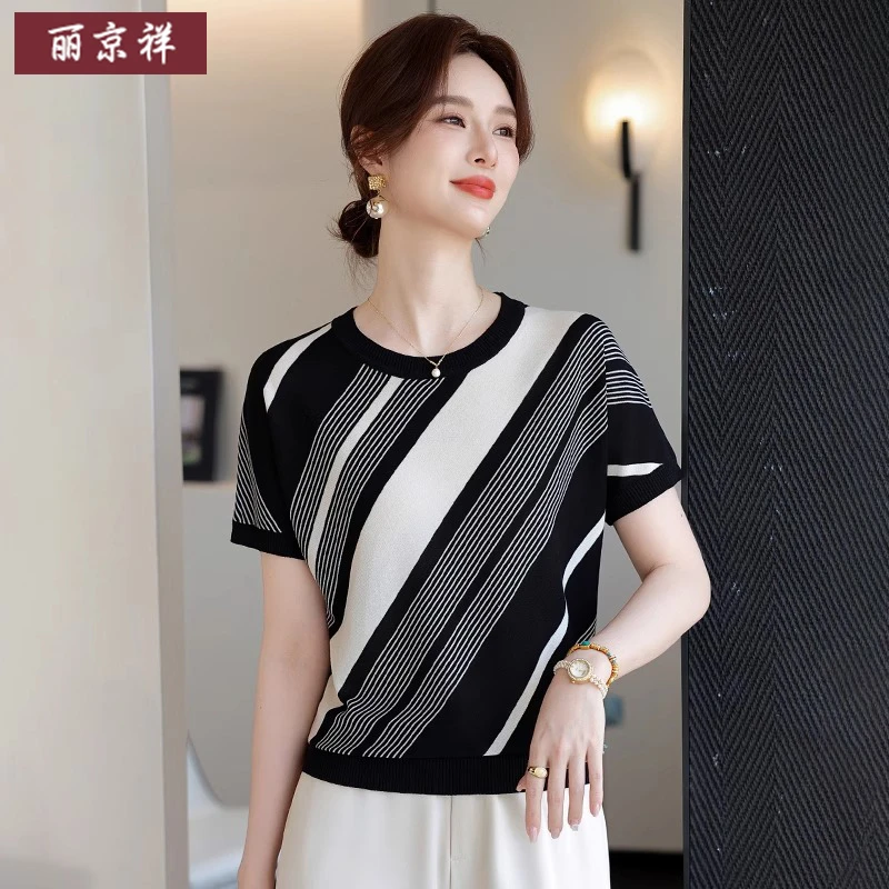 时尚洋气妈妈装针织衫女短袖条纹夏装新款上衣减龄气质中老年T恤