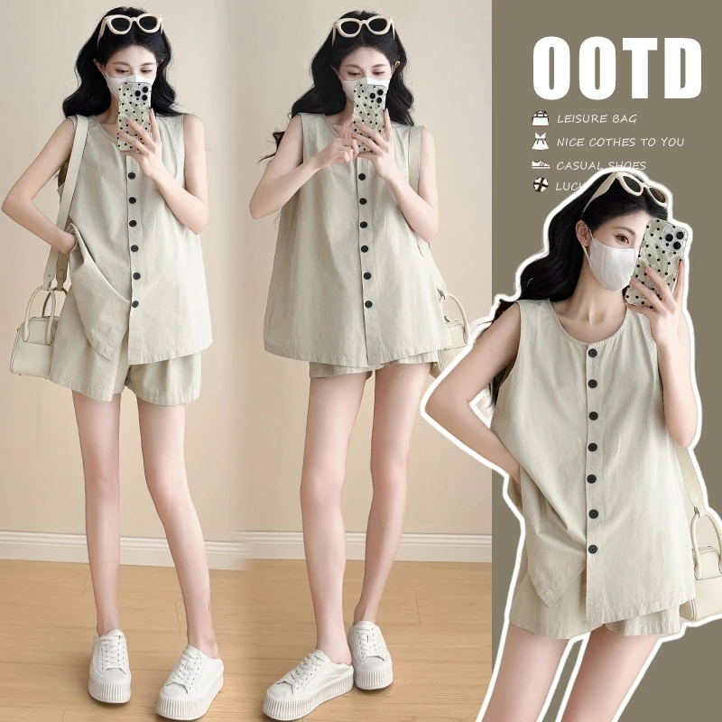 时尚孕妇孕妇装夏季新款清爽感短裤套装 时尚显瘦舒适套装洋气女