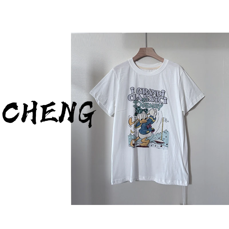 CB-J75002白色唐老鸭动漫印花纯棉短袖t恤女2025夏季新款宽松上衣