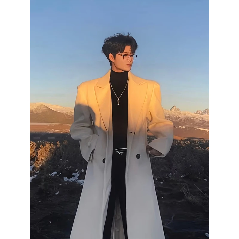 英伦风垫肩长款过膝毛呢大衣外套男秋冬潮牌痞帅宽松收腰呢子风衣