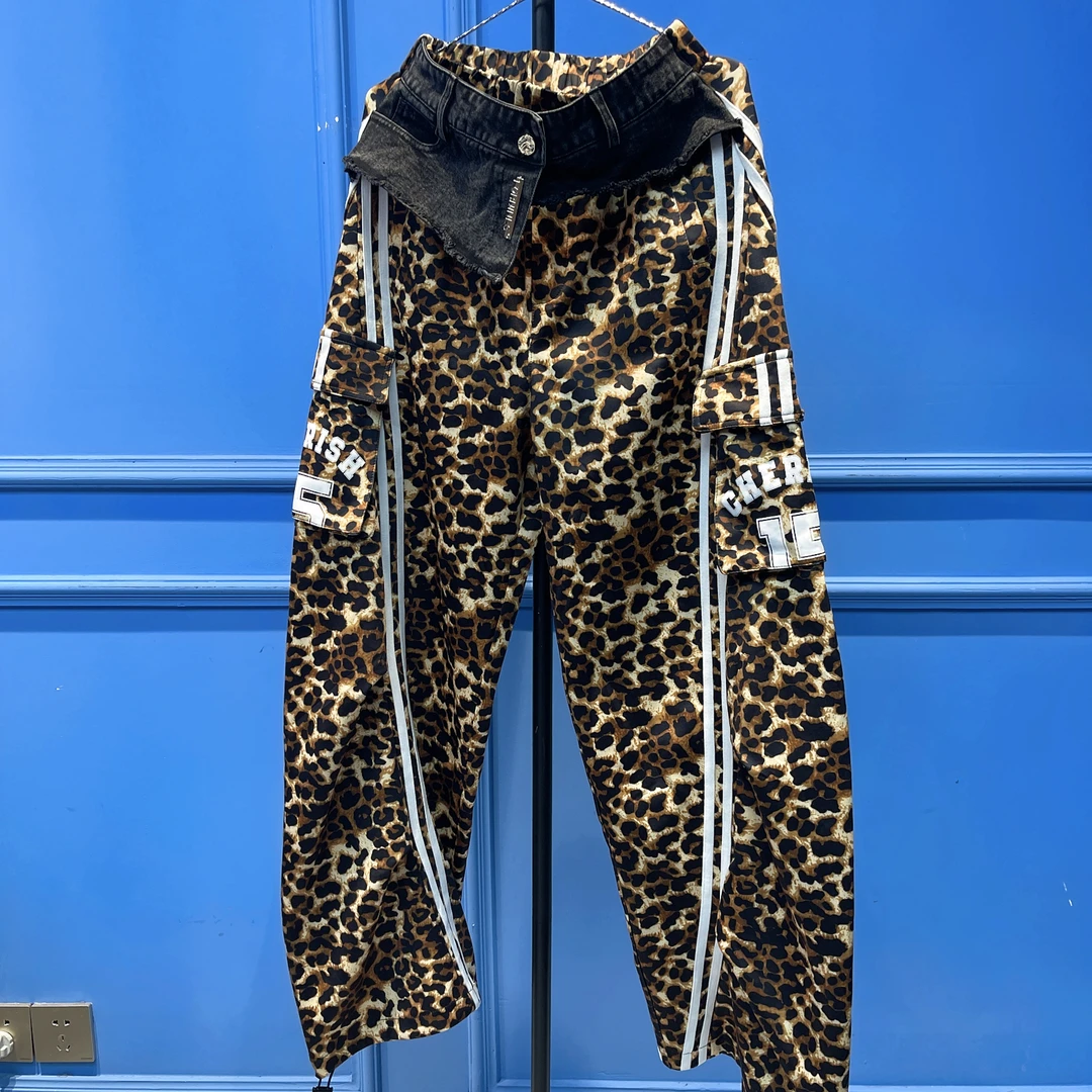 RR1260锐宝潮牌时尚休闲百搭条纹拼接字母豹纹长裤