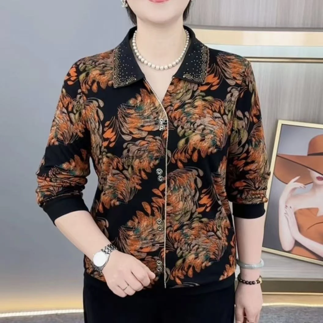 秋季新款时尚翻领烫钻洋气妈妈装显瘦减龄百搭休闲长袖上衣H8128