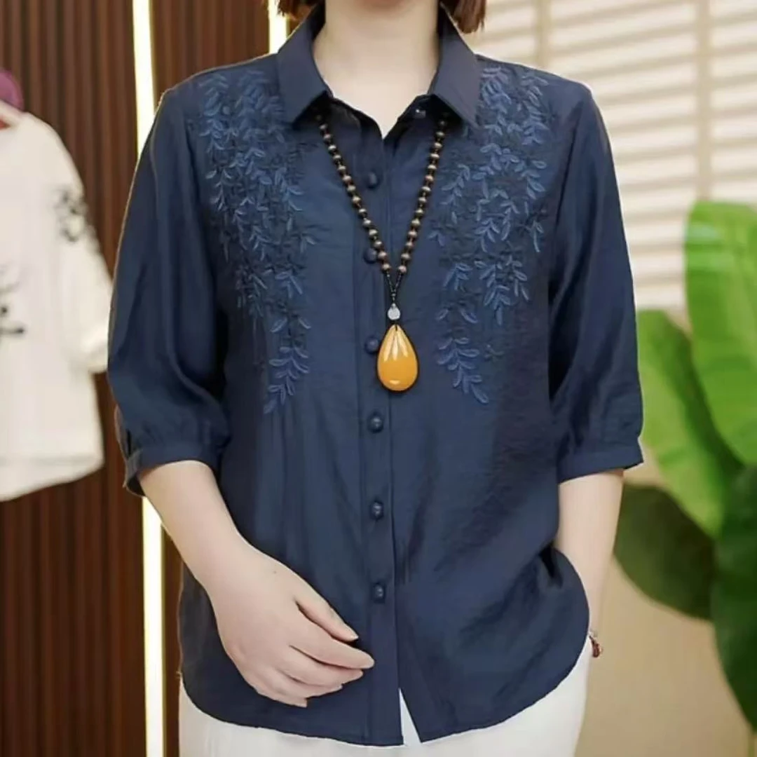新款夏季刺绣中袖衬衫减龄显瘦百搭上衣
