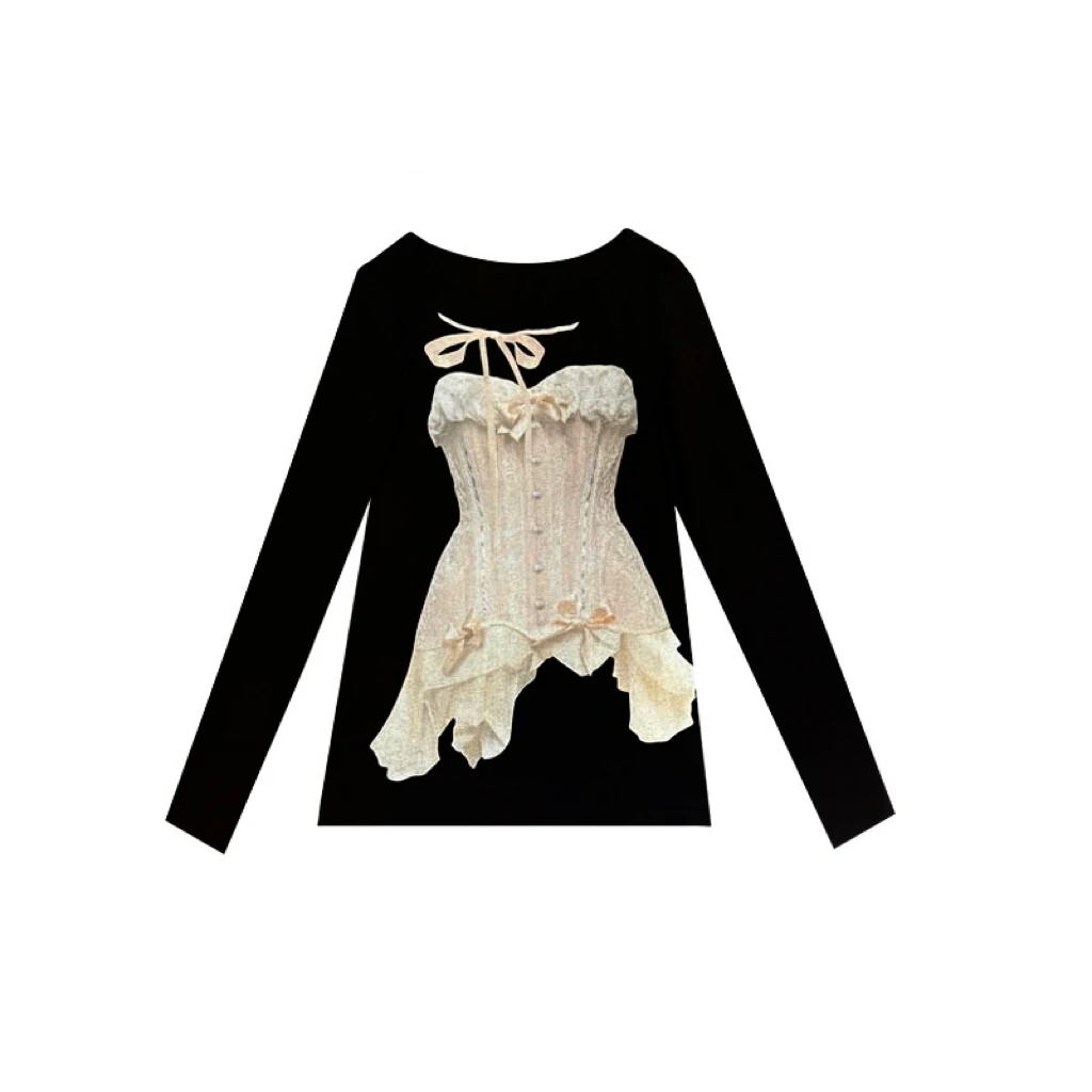 YUECHI·宫廷抹胸印花辣妹长袖T恤