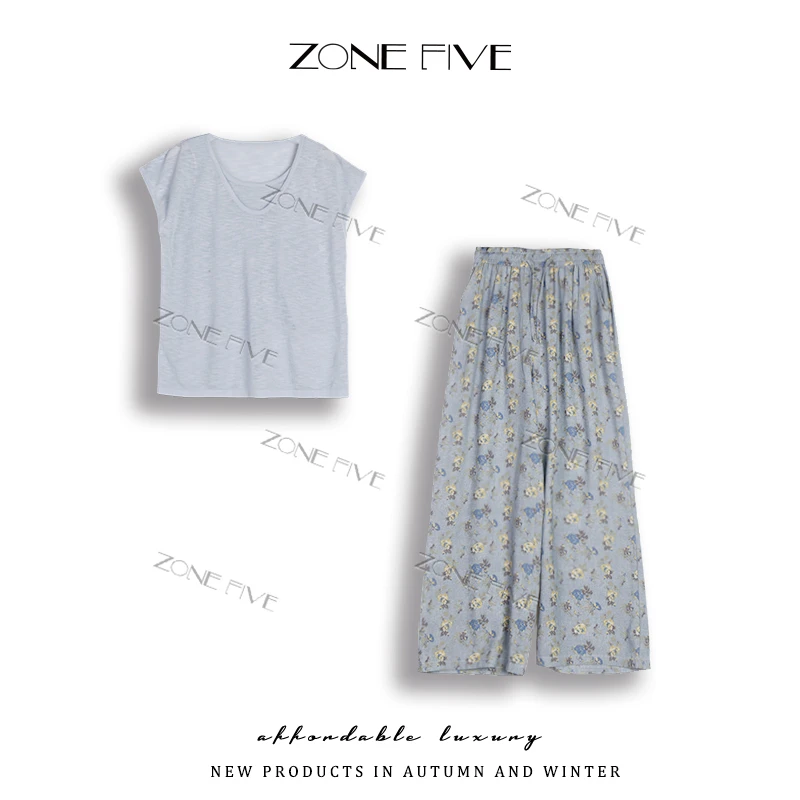 【zonefive】韩系针织T恤衫女夏装薄款小飞袖冰丝上衣+裤子两件套
