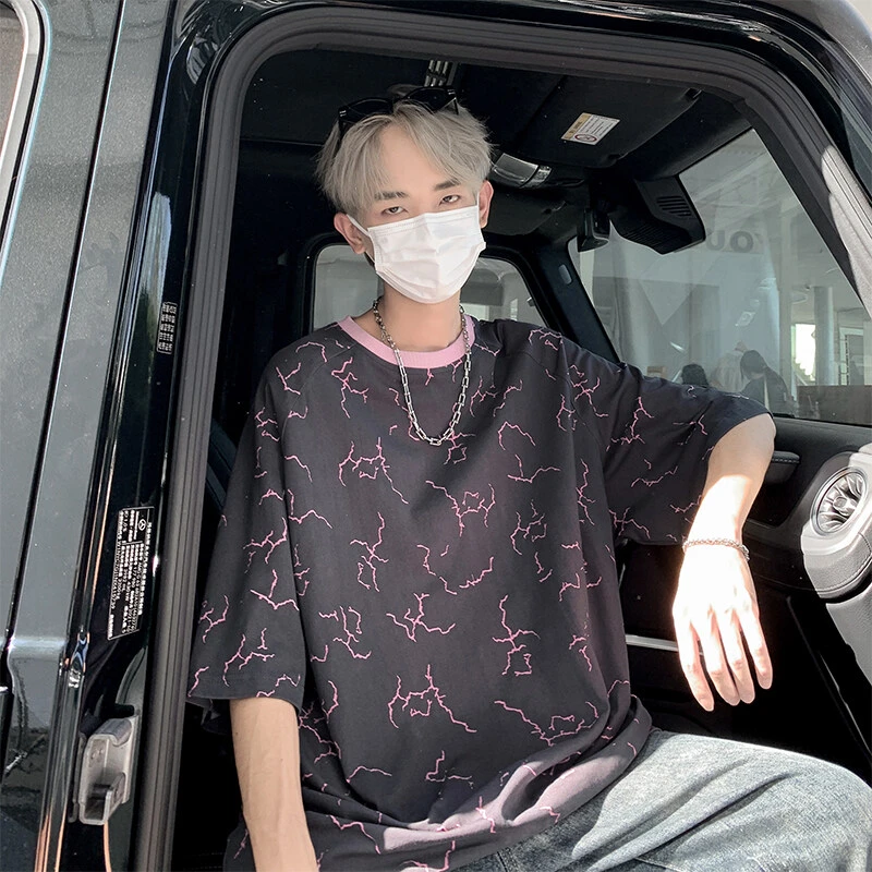 黑色大理石花纹短袖T恤男夏季冰丝垂感半截袖痞帅拼接宽松五分袖