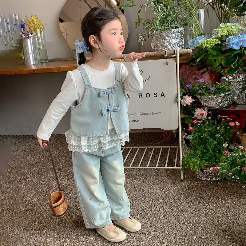 女童套装秋款2025新款洋气宝宝春秋季牛仔三件套儿童秋装蕾丝衣服