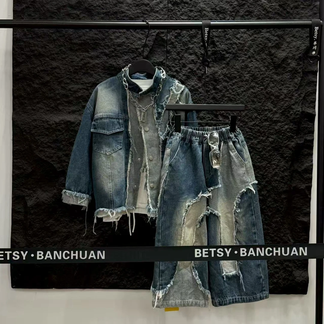 半川81678春季新款儿童宽松中大童时尚韩版潮流牛仔套装二件套