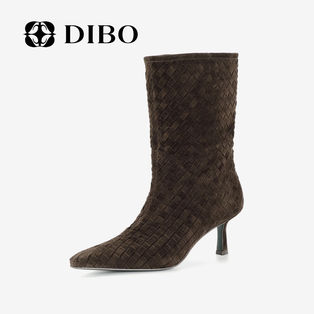 DIBO碲铂 菱影序章 气质尖头时尚细跟女靴菱格纹绒面短靴25436701