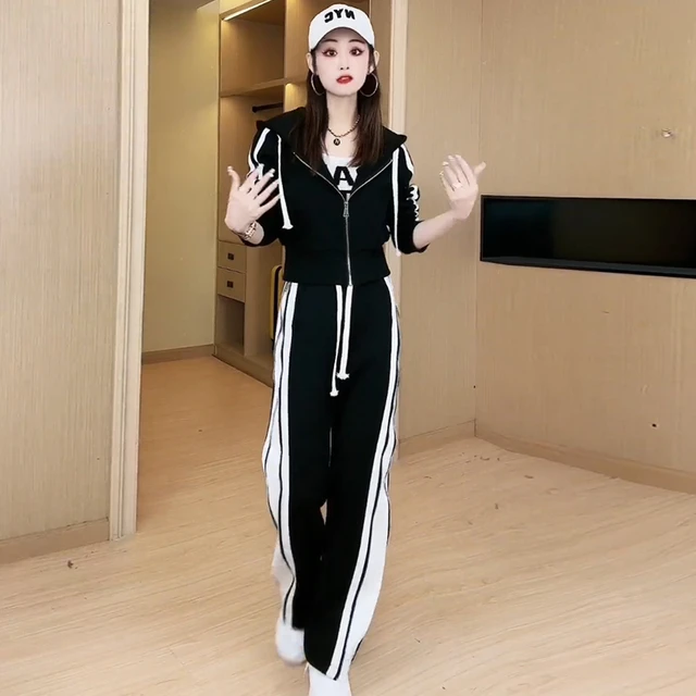 迪卡侬特价炸街爆款运动休闲套装女2025春季款时尚黑色卫衣阔腿裤
