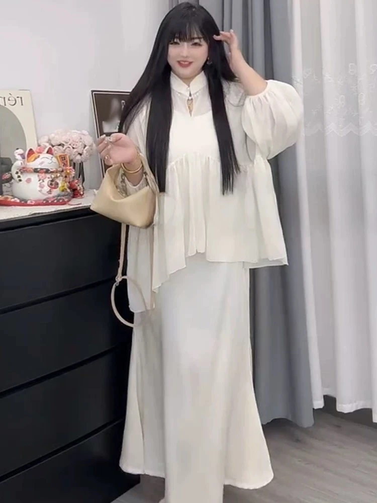 新中式仙气上衣吊带连衣裙套装胖mm2025早春新款显瘦宽松大码女装