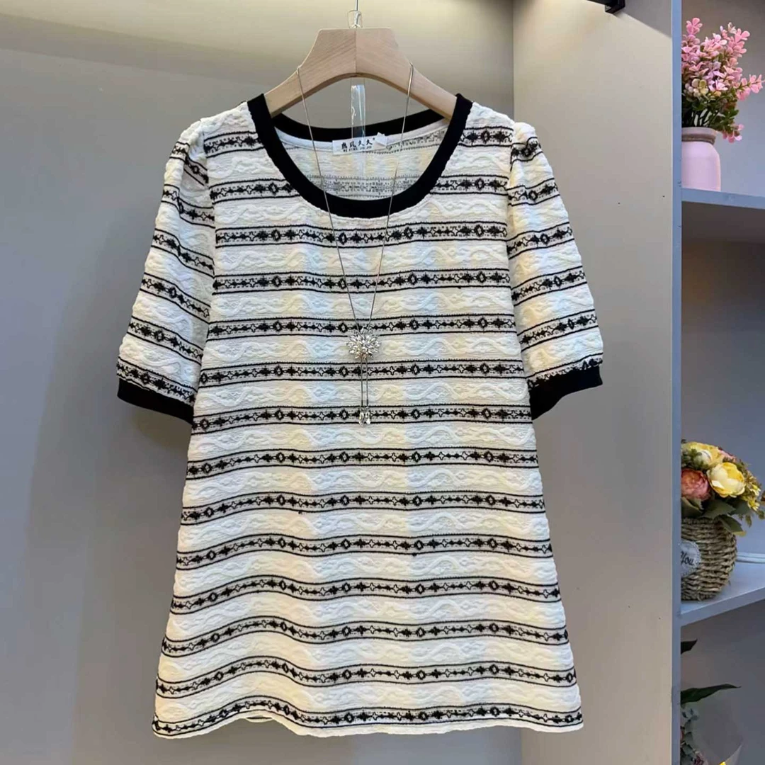 2025夏季新款时尚休闲条纹短袖T恤胖MM大码女装显瘦宽松韩版上衣
