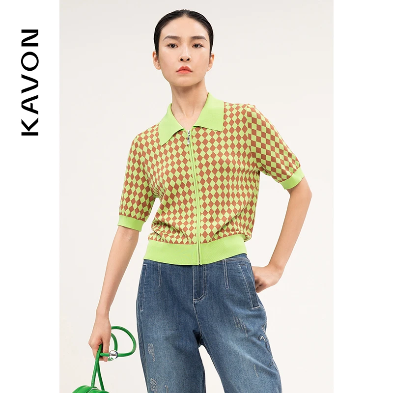 【晨粉专享价】欧若风时尚格纹撞色翻领拉链拼接针织毛衣KL1M553TE