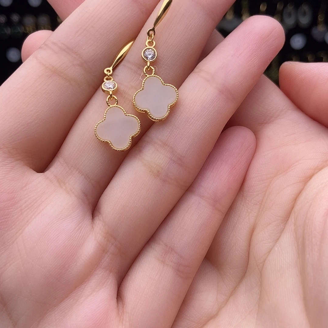 和田玉银S925镀金镶嵌耳饰