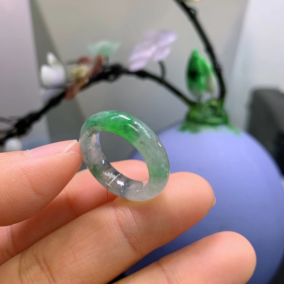 12圈口缅甸天然翡翠A货冰润绿乌鸡戒指A788#