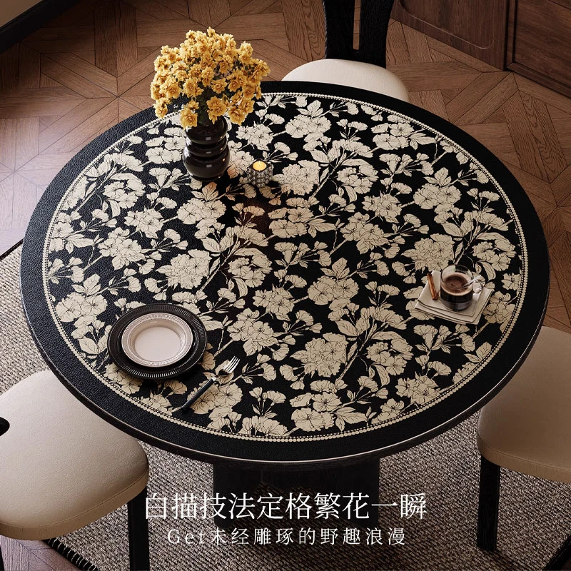范居墨韵美式圆桌桌垫黑白氛围感皮革圆形桌布防水防油防烫隔热垫