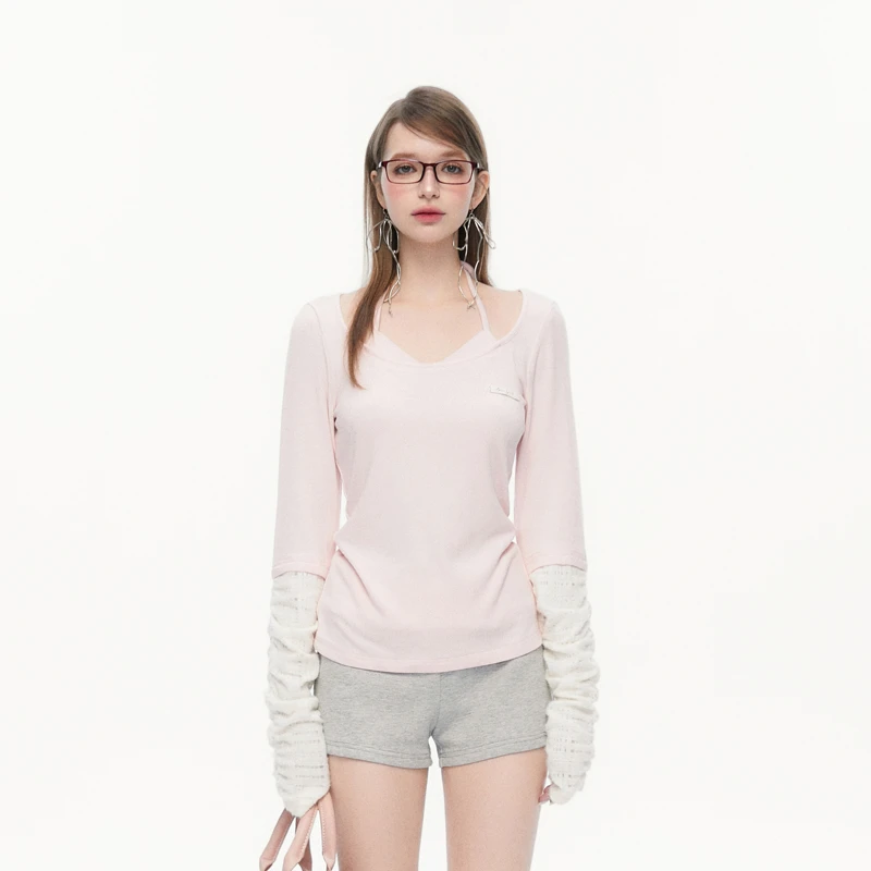 SPEAR YOUTH“浪漫公式”假两件蕾丝拼接手袖打底衫韩系长袖T恤