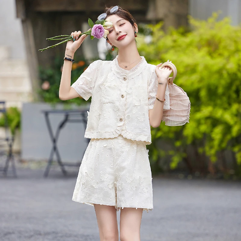 小香风短裤套装女装2025夏装新款洋气时髦减龄气质蕾丝刺绣两件套