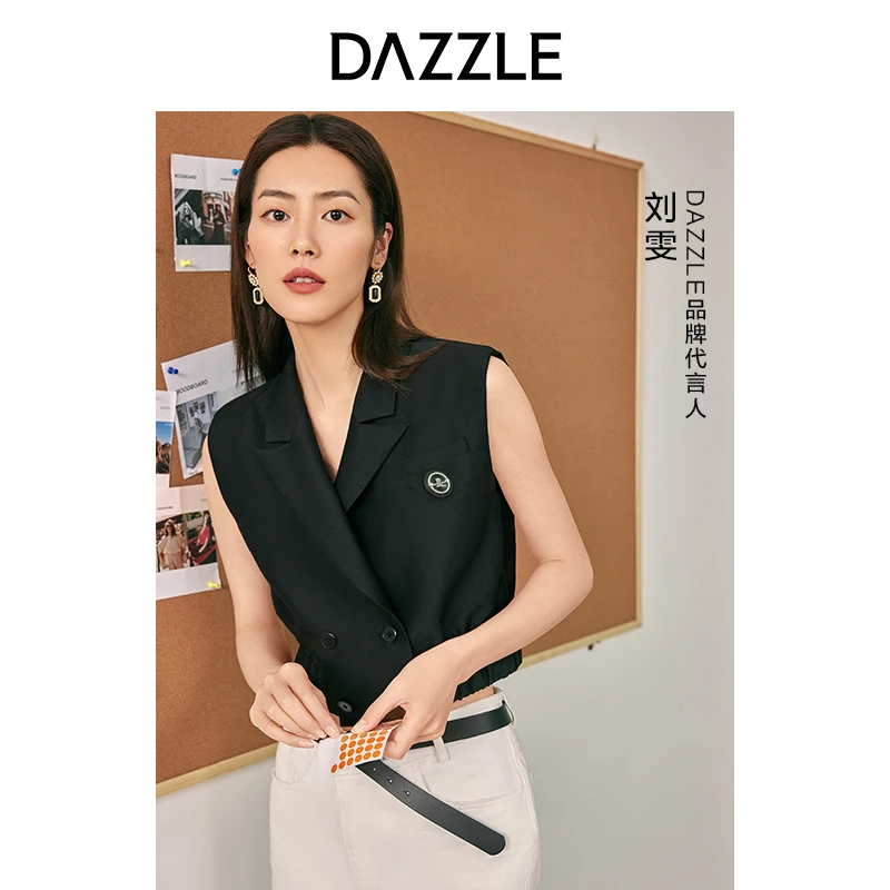 DAZZLE地素黑色西领双排扣马甲外套2E2F0051A