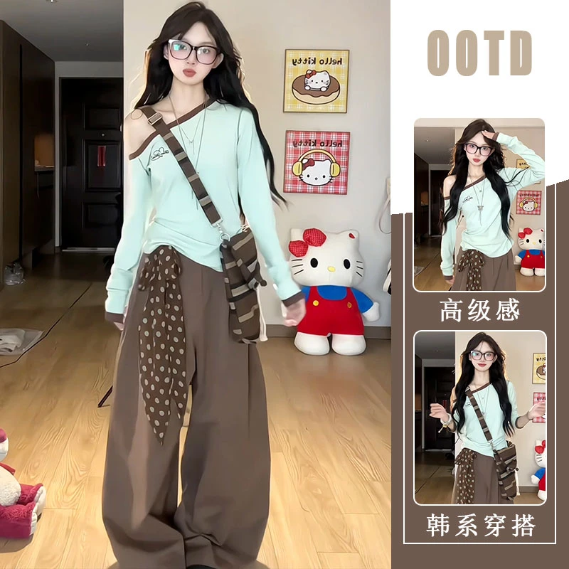 初秋新款流行穿搭俏皮少女风气质漏肩上衣+休闲宽松阔腿裤两件套
