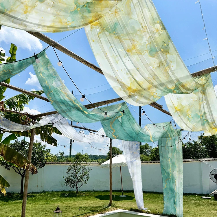 定制国风中式彩色吊顶半透纱幔吊顶晕染渐变唯美挂布氛围装饰纱幔