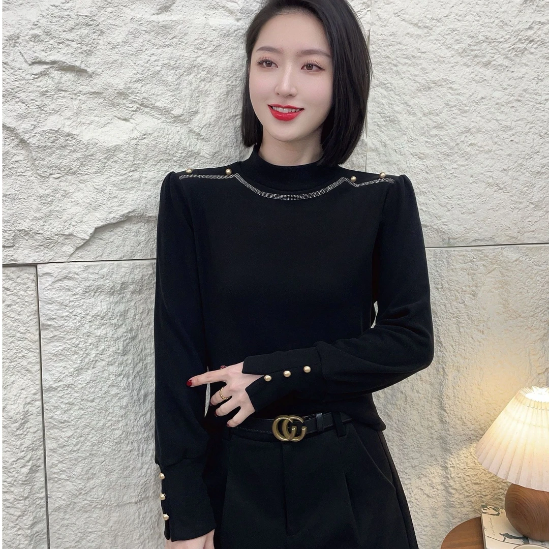 【韩紫朵 】2024冬季半高领纯色纽扣保暖洋气时尚长袖修身显瘦5577